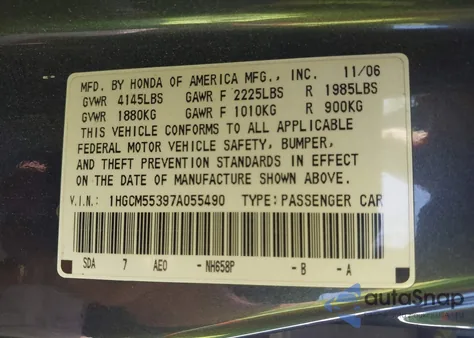2007 Honda Accord 2.4 Se from USA, damaged, VIN 1HGCM55397A055490